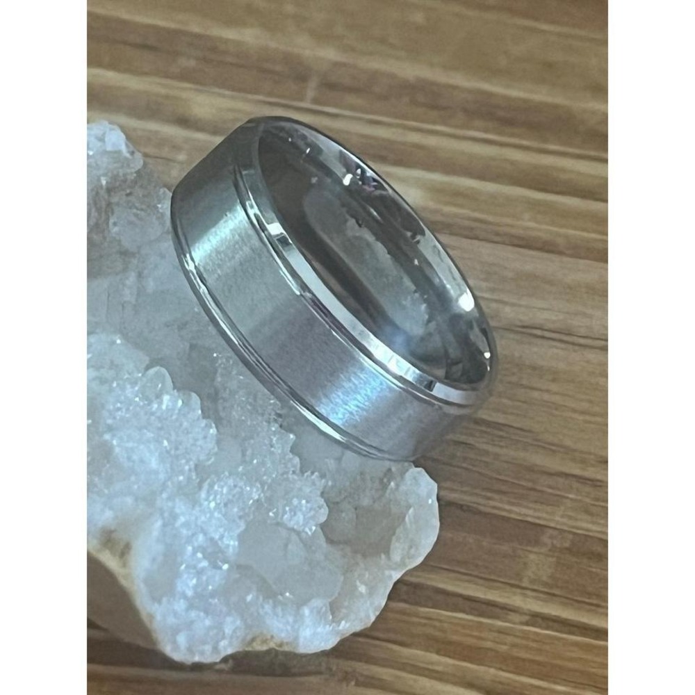 Silver Tungsten Band -Brushed Finish -Carved Detail Unisex Ring 8mm Width-Size 7